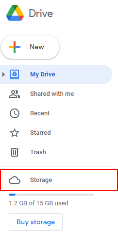 Google Drive Storage Option in Menu