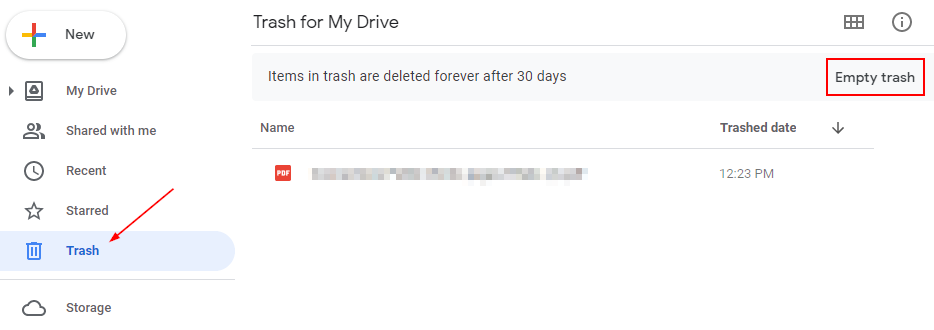 Google Drive Trash Can with Empty Trash Button Highlighted