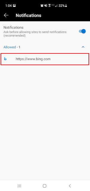 Microsoft Edge Mobile App Bing Website in Allowed Notifications Settings
