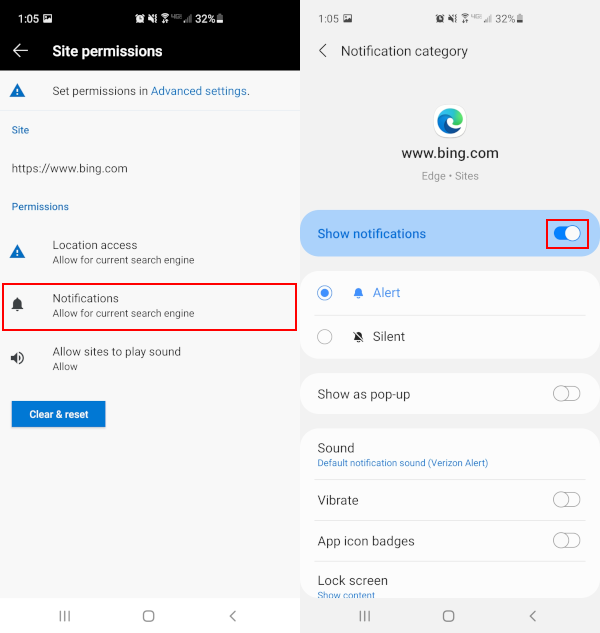 Microsoft Edge Mobile App Disable Website Notifications in Notification Settings Android