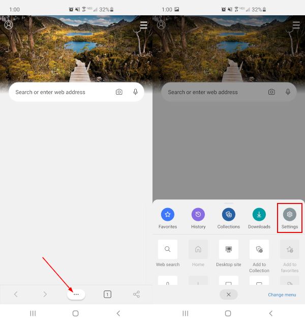 Microsoft Edge Mobile App Settings Icon in Overflow Menu