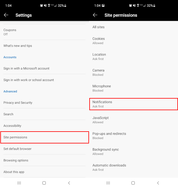 Microsoft Edge Mobile App Site Permissions and Notifications in Settings
