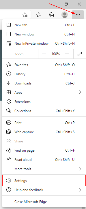Microsoft Edge Settings Option in Overflow Menu