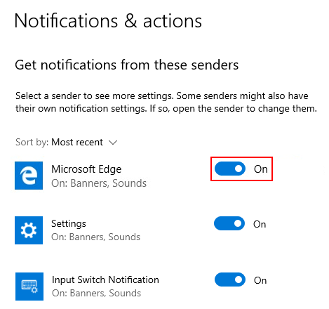 Windows 10 Microsoft Edge in Notifications and Actions Window