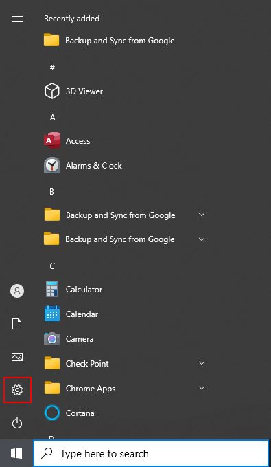 Windows 10 Settings Icon in Start Menu
