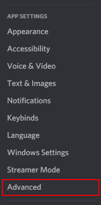 Discord Advanced Option Under App Settings