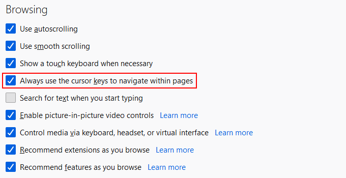 Firefox Always use the Cursor Keys to Navigate Within Pages Option Under Browsing in Options