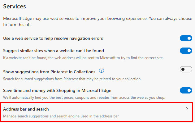 Microsoft Edge Chromium Address bar and search Option in Privacy, search and services Screen