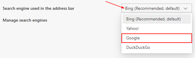 Microsoft Edge Chromium Change Default Search Enginge Dropdown Menu