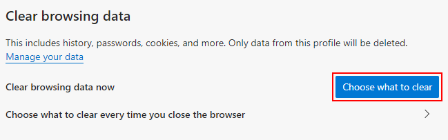 Microsoft Edge Chromium Choose what to clear Button in Privacy, search, and services Settings