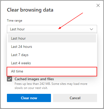 Microsoft Edge Chromium Clear browsing data Window with Time Range set to All Time