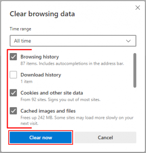 Microsoft Edge Chromium Clear browsing data with Checkboxes and Clear now Button Highlighted