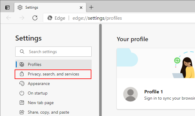 Microsoft Edge Chromium Privacy, search, and services in Settings Screen