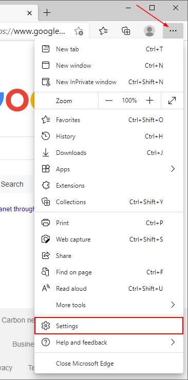 Microsoft Edge Chromium Settings Option in Ellipsis Menu