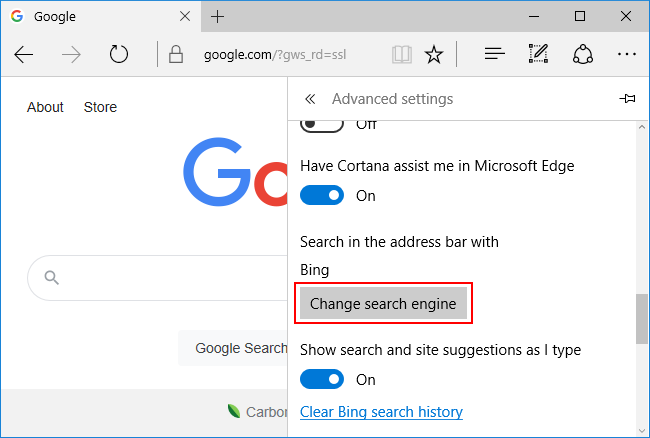 Microsoft Edge Classic Change Default Search Enginge Button in Advanced Settings