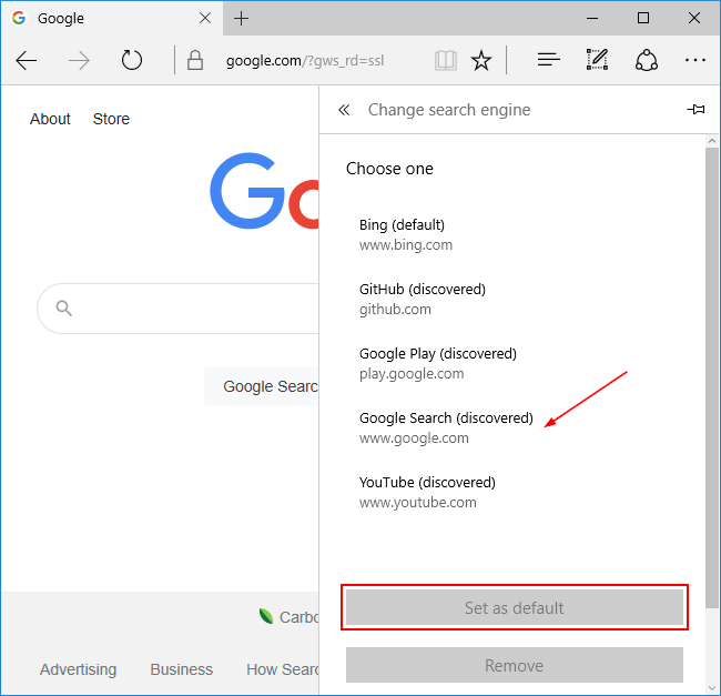 Microsoft Edge Classic Change Search Engine Menu with Google Search and Set as Default Button Highlighted