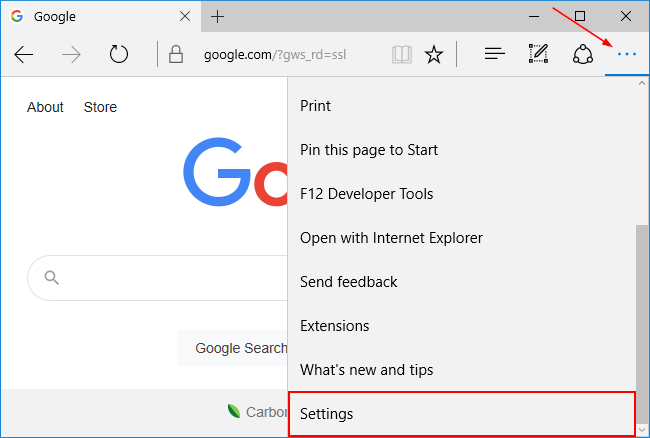 Microsoft Edge Classic Setting Option in Ellipsis Menu