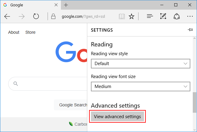 Microsoft Edge Classic View Advanced Settings Button in Settings Menu