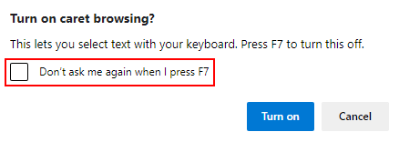 Microsoft Edge Enable Caret Browsing Prompt with Don't ask Again Checkbox Highlighted