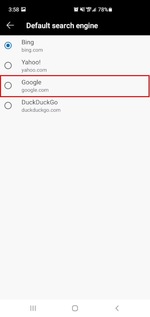 Microsoft Edge Mobile App Google in Change Default Search Engine Screen