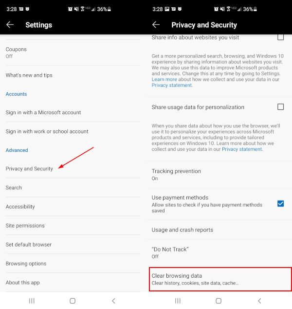 Microsoft Edge Mobile App Privacy and Security in Settings and Clear browsing data in Privacy and Security Screen