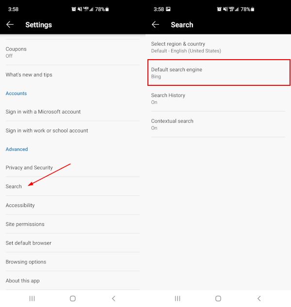 Microsoft Edge Mobile App Search and Default Search Engine Options in Settings