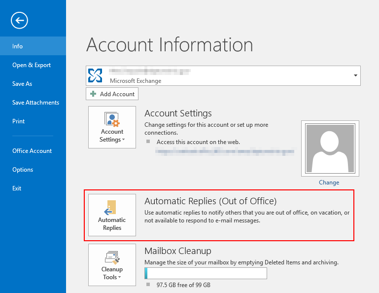 Outlook Automatic Replies Option in File Info Tab