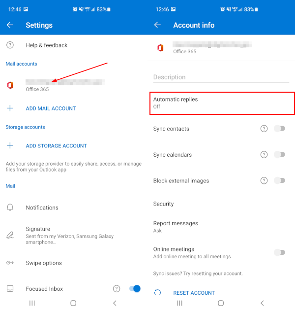 Outlook Mobile App Settings Screen with Mail Account and Automatic Replies Highlighted