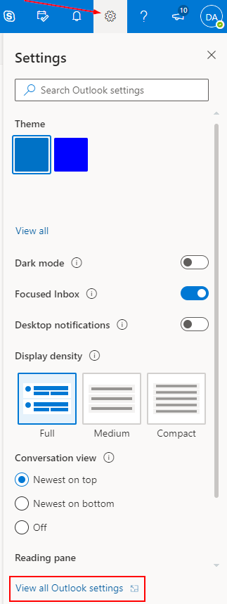 Outlook Office 365 Settings Menu with View all Outlook Settings Highlighted