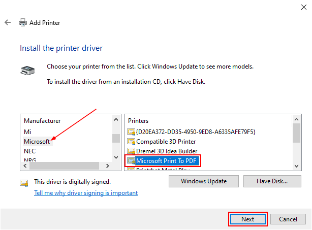 Windows 10 Add Printer Window With Microsoft Print to PDF Driver Selected