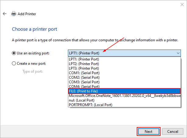 Windows 10 Add Printer Window with Existing Port Dropdown Menu Open and FILE Option Selected