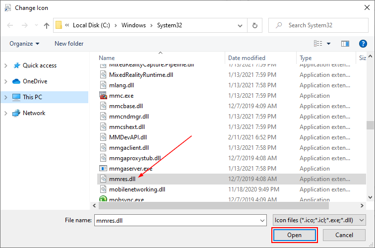 Windows 10 File Explorer in System32 Folder with mmres.dll Selected