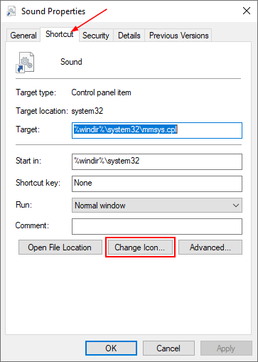 Windows 10 Shorcut Properties with Change Icon Button Highlighted
