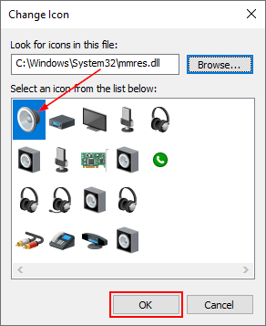 Windows 10 Speaker Icon in Change Icon Window with OK Button Highlighted
