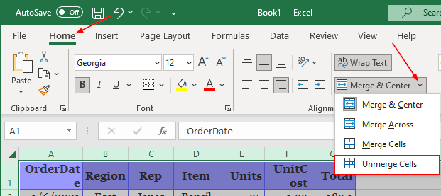 where is merge and center in excel for mac