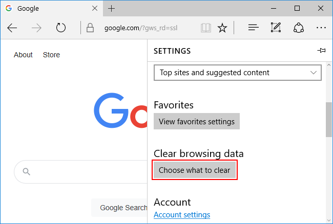 Microsoft Edge Classic Choose what to clear Button in Settings Menu