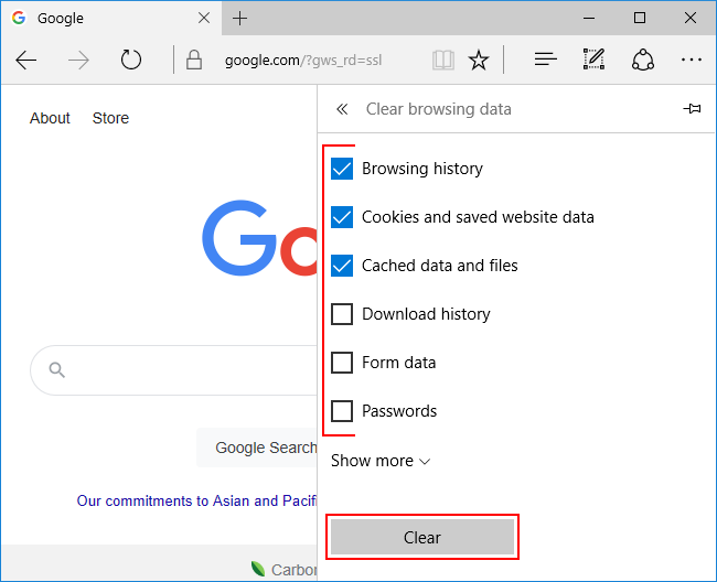Microsoft Edge Classic Clear browsing data Menu with Checkboxes and Clear Button Highlighted