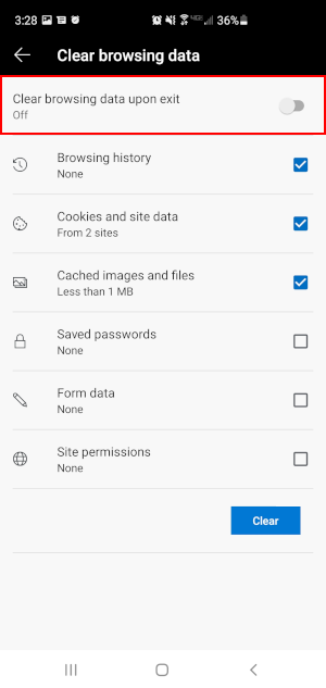 Microsoft Edge Mobile App Clear browsing data Screen with Clear browsing data upon exit Toggle Highlighted