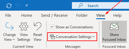 Outlook 2016 Conversation Settings Button in View Ribbon