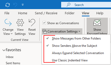 Outlook 2016 Conversation Settings Dropdown Options