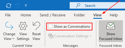 Outlook 2016 Show as Conversations in View Ribbon