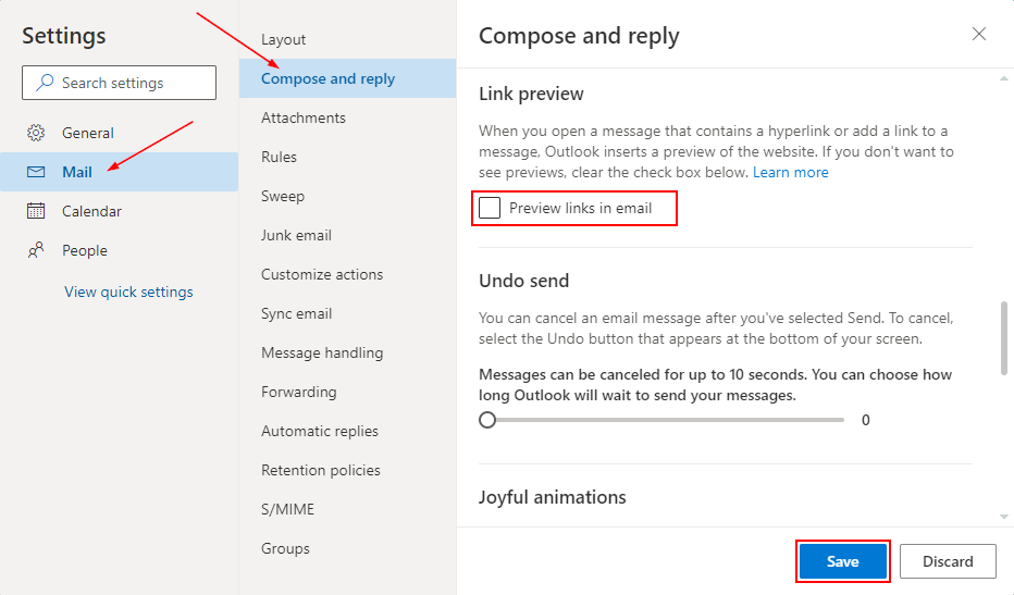 Outlook 365 Web Disable Preview links in email Checkbox in Settings