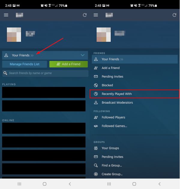 Steam Mobile App Recently Played With in Your Friends Dropdown Menu