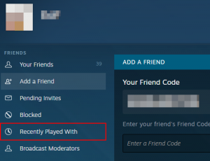 Steam Recently Played With in Menu on Add Friend Page