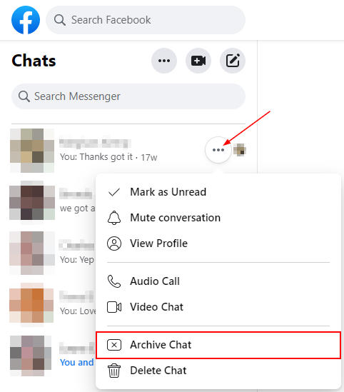 Facebook Archive Chat Button in Conversation Ellipsis Menu