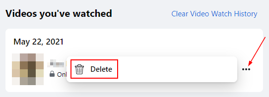 Facebook Delete Button in Watched Videos History Log