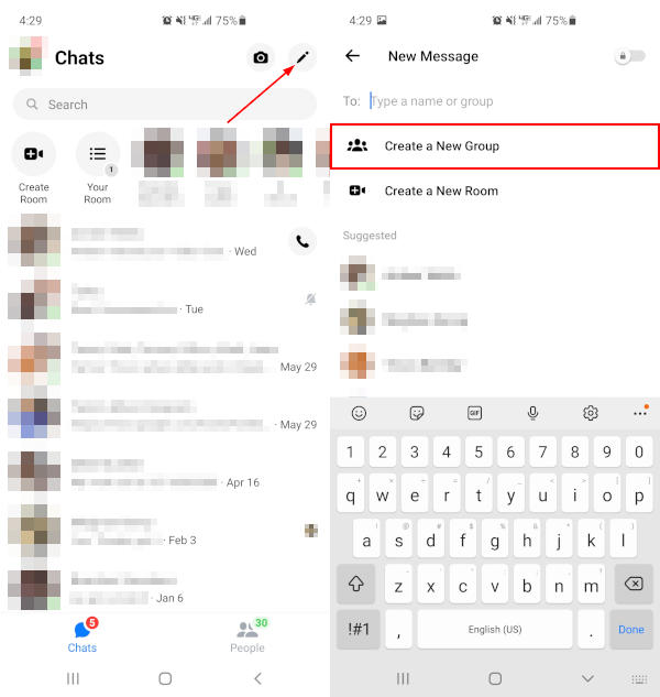 Facebook Messenger Create Group Chat Option in Create Chat Menu