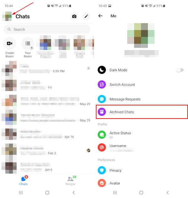 Facebook Messenger Mobile App Archived Messages in Profile Picture Menu