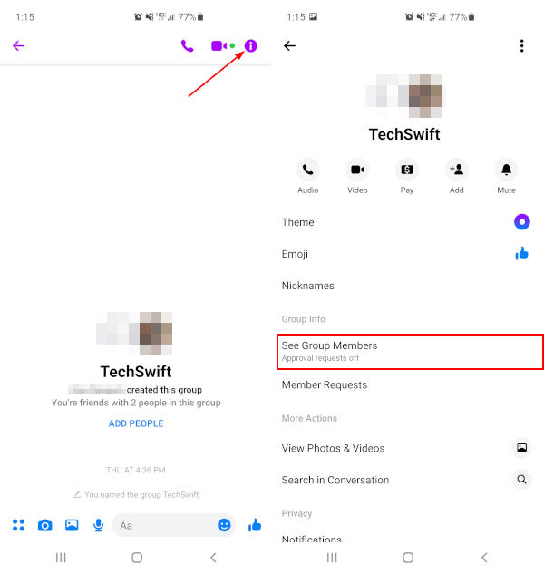 Facebook Messenger Mobile App See Group Members in Chat Information Menu