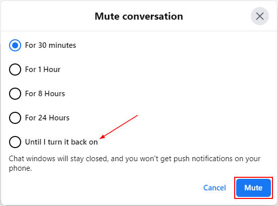 Facebook Messenger Web Mute Conversation Timeframe Selection Window